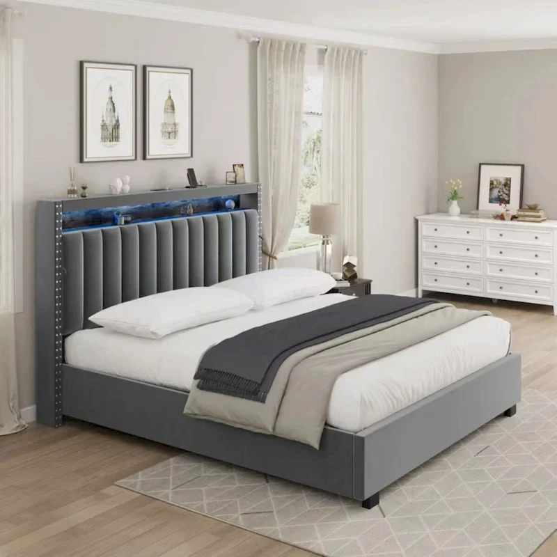 Blue / Grey Queen Size Upholstered Storage Bed with LED Lights, 2-Person