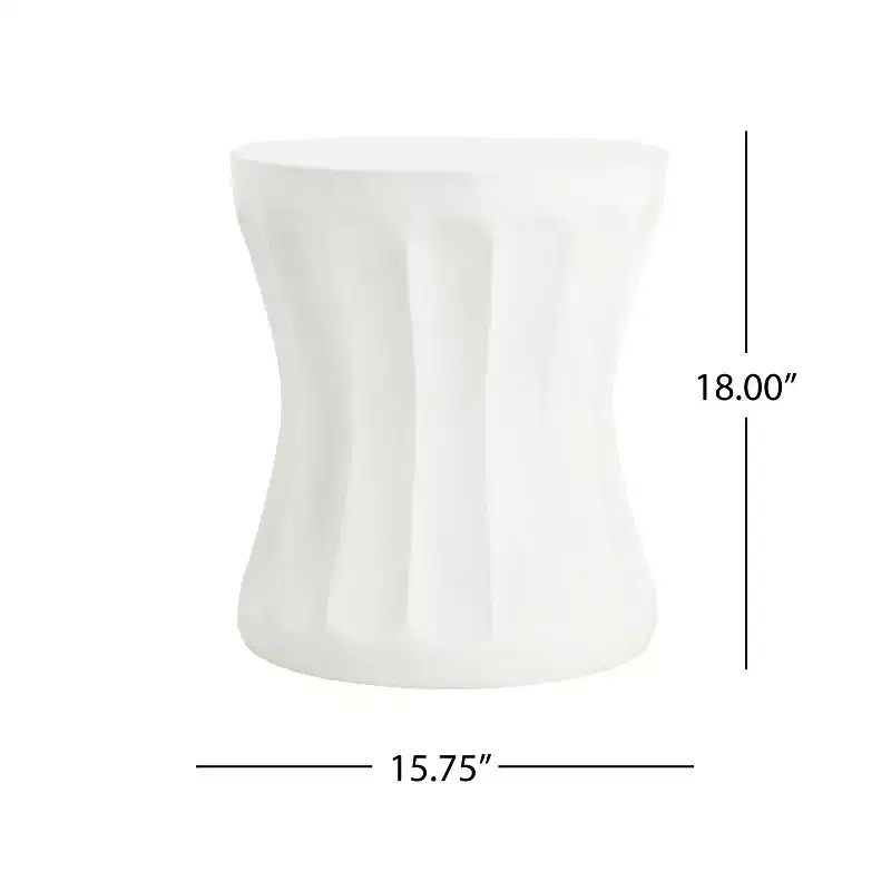 15.75in Outdoor Round Concrete Side Table, Indoor Living Room End Table, Cylindrical Waisted Design, White