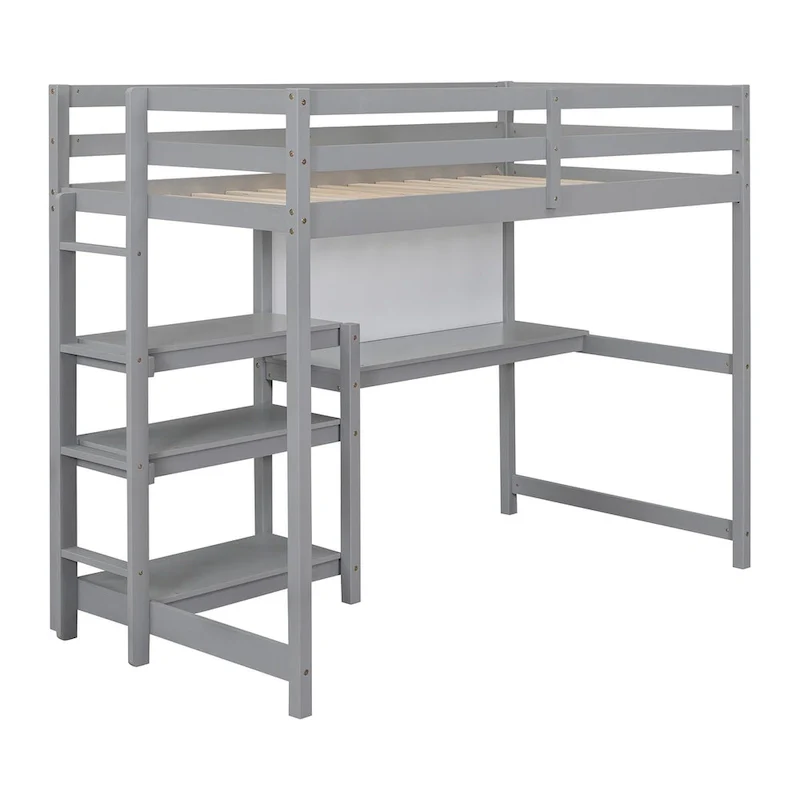 Twin Size Wooden Loft Bed with 3-Layer Shelves, Desk, and Writing Board, Full-Length Guardrail