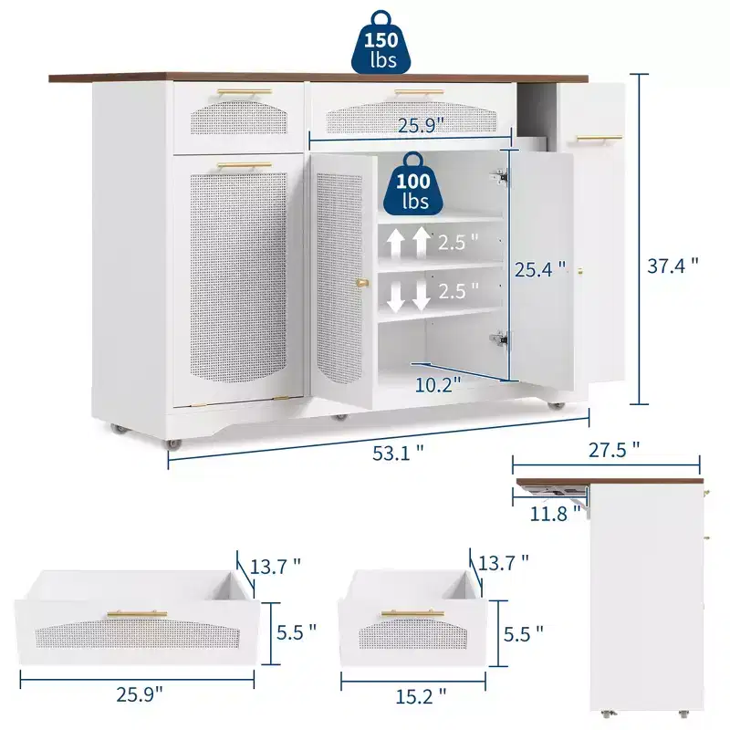 Kitchen Island on Wheels, 53.1 Wide Rattan Rolling Kitchen Island Cart, Drop Leaf Breakfast Bar, Tilt Out Trash Can Cabinet, Storage Cabinet