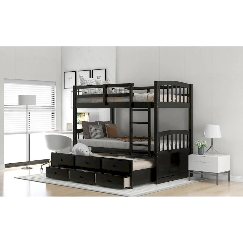 Wood Bunk Bed with Trundle and Drawers