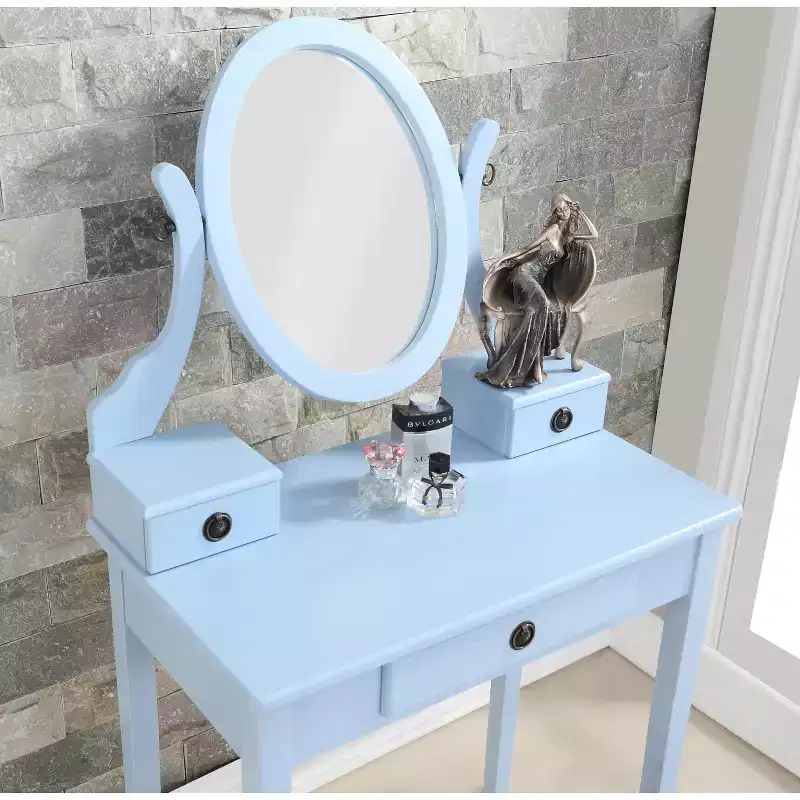 Contemporary Makeup Vanity Desk with Mirror, 3 Drawers, Matching Stool for Bedroom, Blue Finish, Space-Saving Design