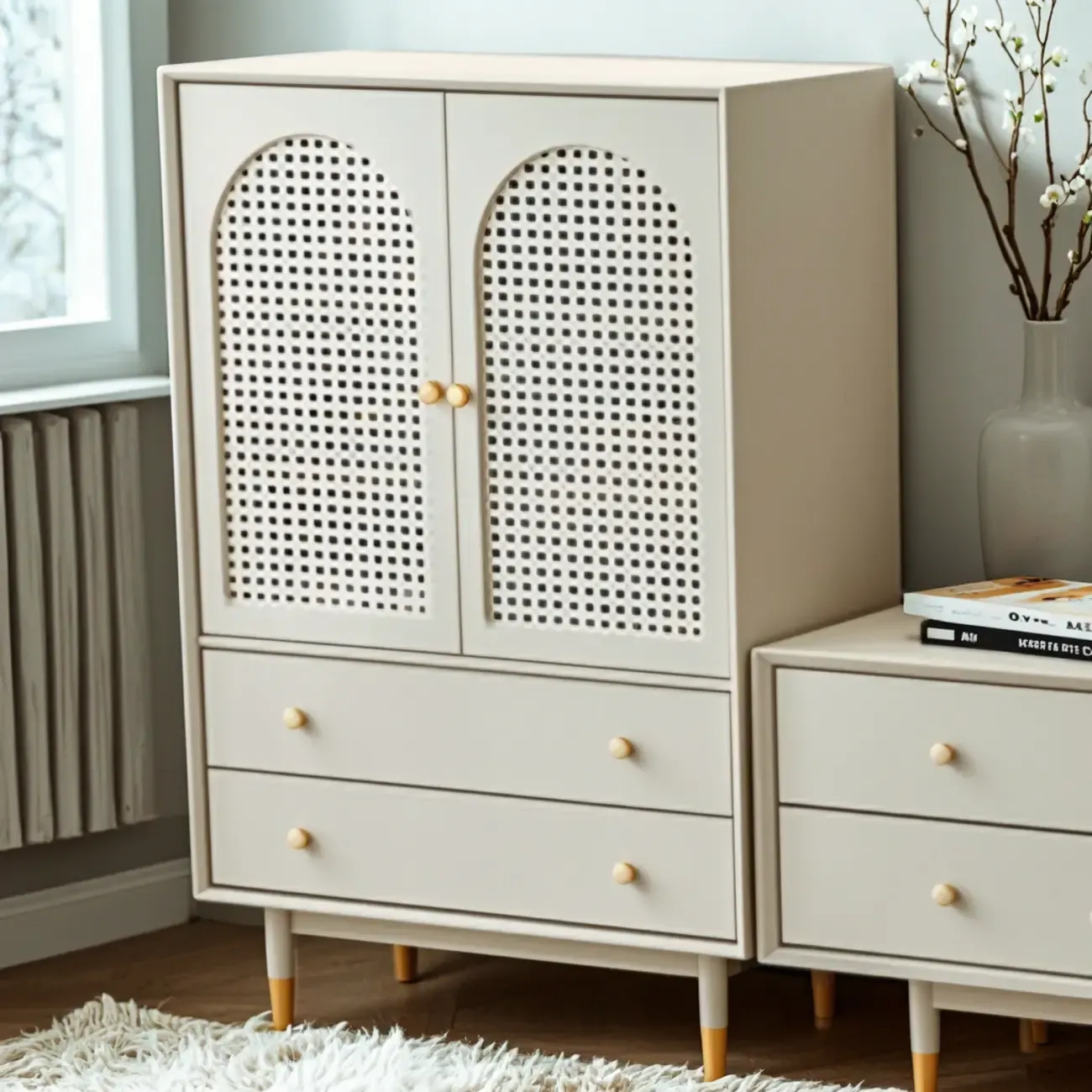 Modern Beige Solid Wood Accent Cabinet with 2 Drawers