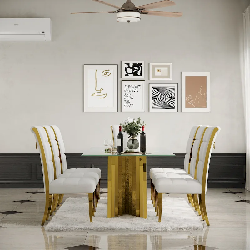 Luxury White Velvet Dining Chairs with Pull Ring on Back and Polished Gold Legs