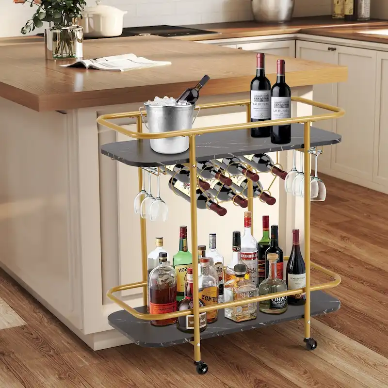 Gold Bar Cart with Wheels, Rolling Liquor Cart with Wine Rack and Glass Holder, Modern Bar Trolley for Home Kitchen