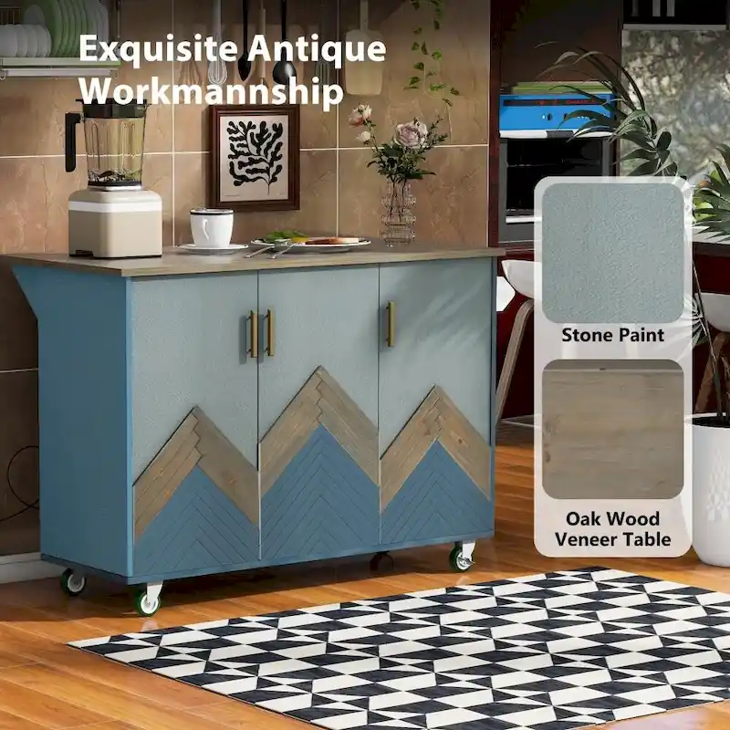 Retro MDF Kitchen Island on Wheels with Drop Leaf and Towel Rack