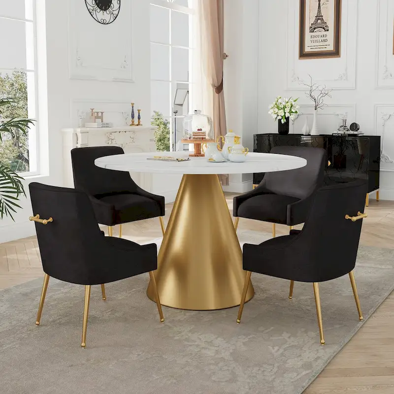 48 Marble Top Metal Dining Table with Velvet Dining Chair Set