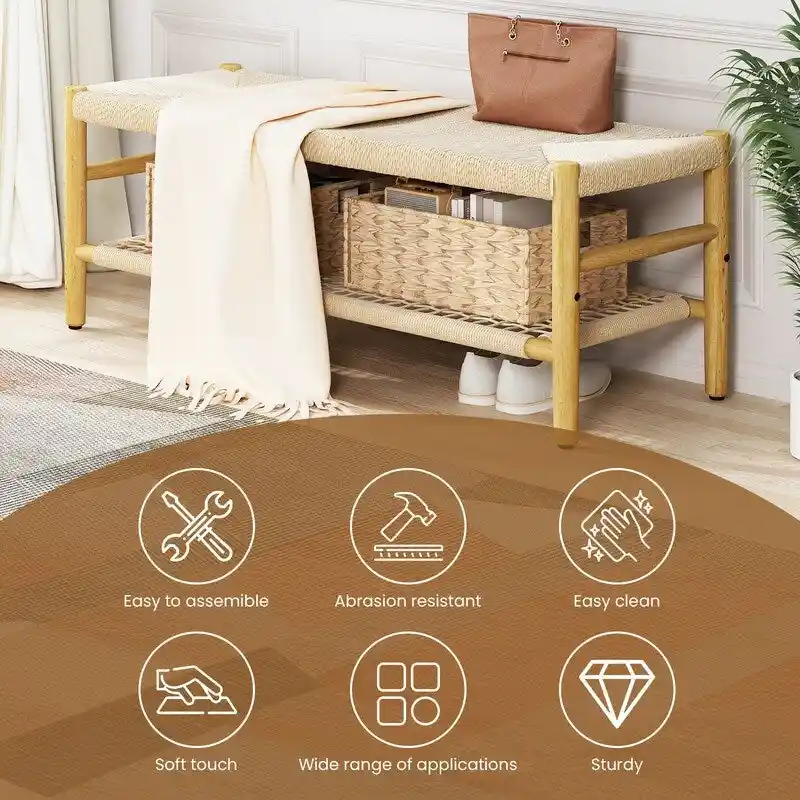 Rubber Wood Woven Rope Bench with 3 Storage Baskets – Natural, 2-Seat
