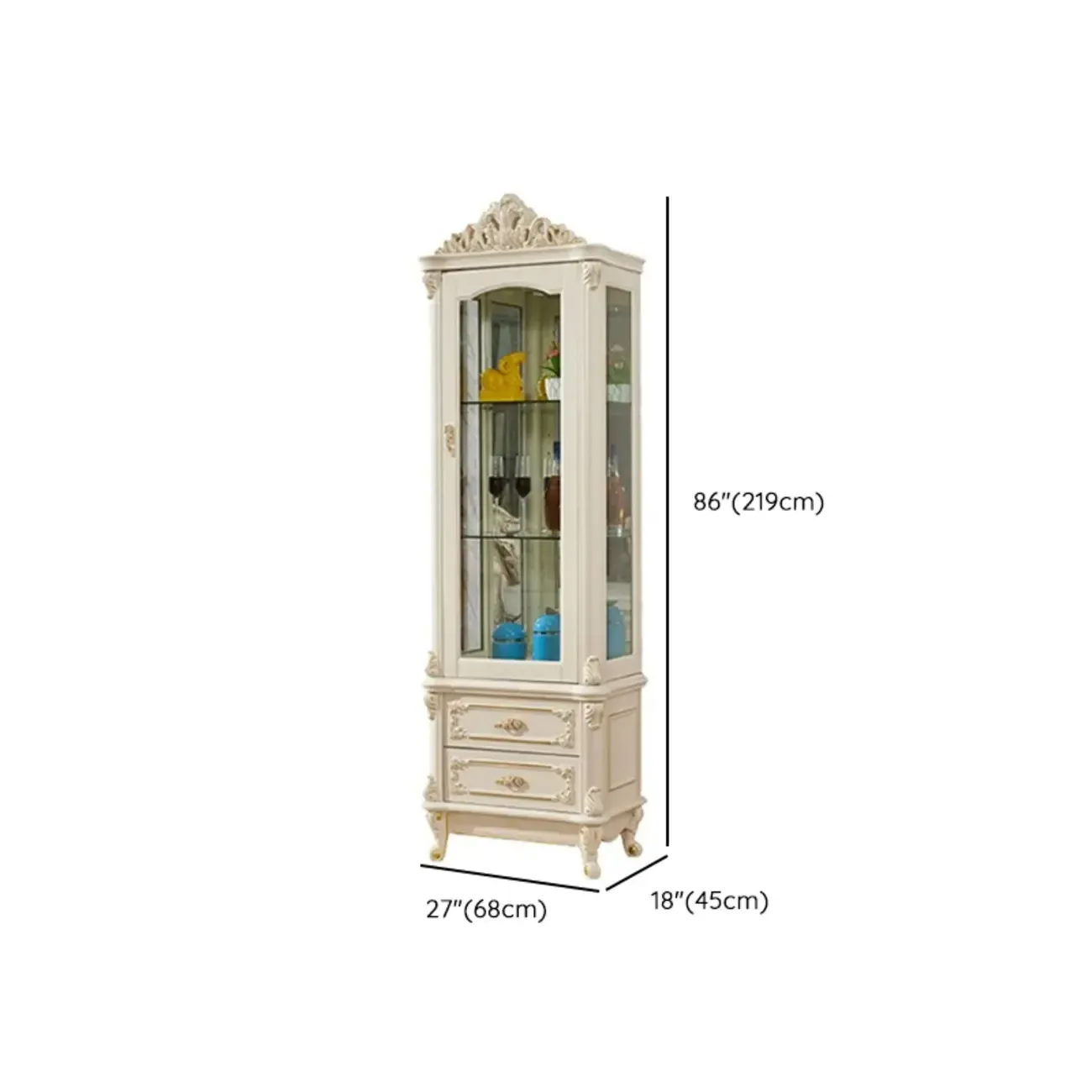 Glam White Wooden Glass Curio Cabinet with Drawers