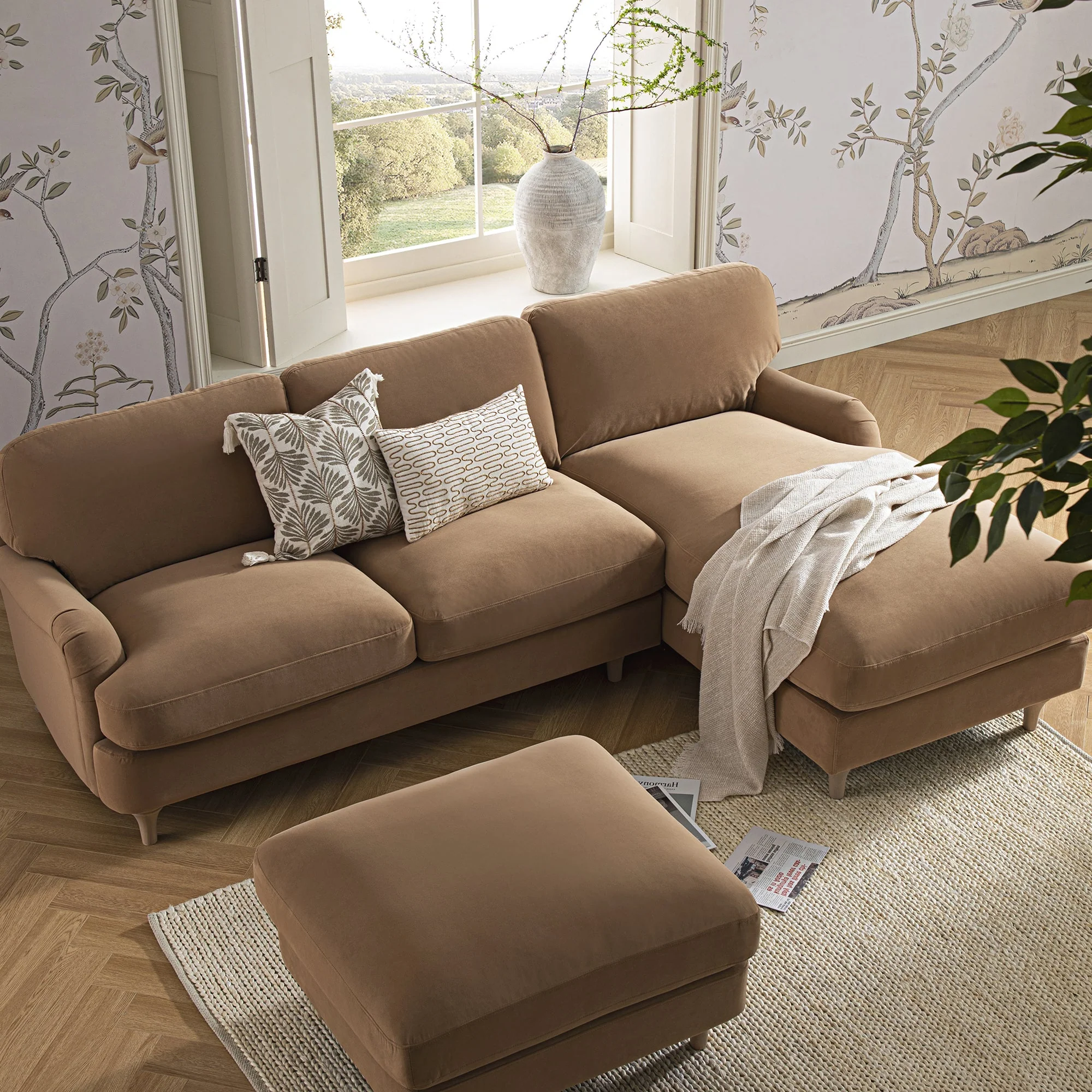 Camel Velvet Sofa, Grande Chaise Sofa Right Hand Facing