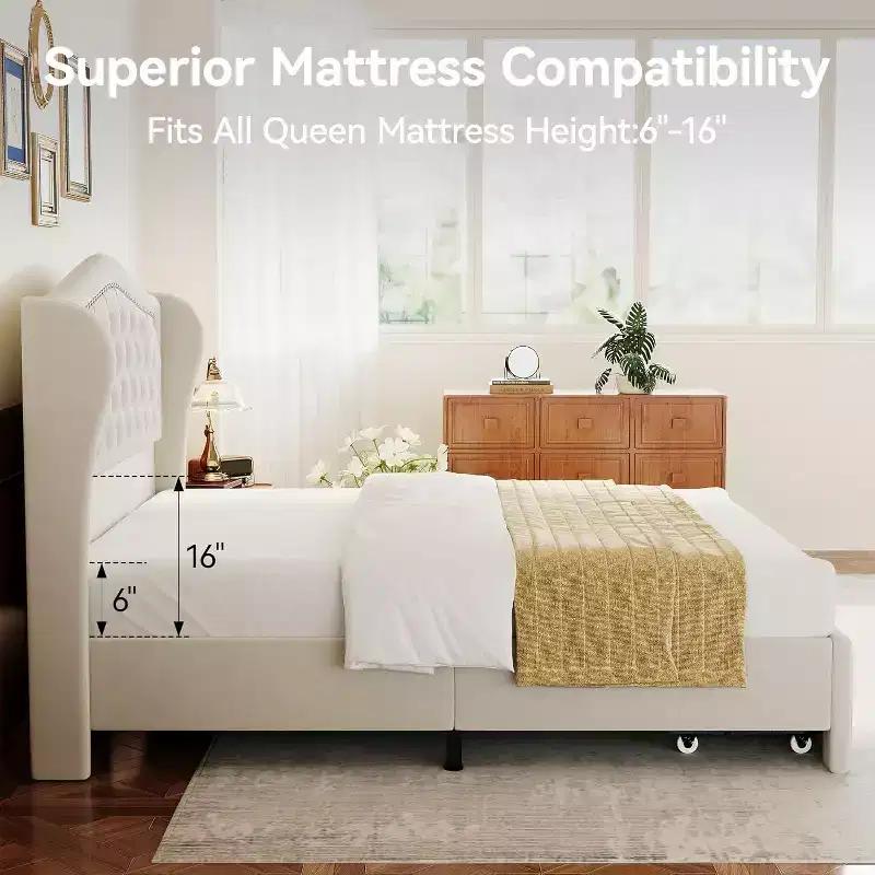 Dyonery Queen Velvet Bed Frame, 52.6 Wingback Tufted Headboard, 2 Drawers, No Box Spring