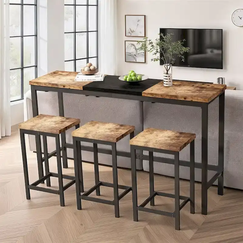 Black / Natural, Bar-Height, 4-Person Pub Table Set with Hanging Stools