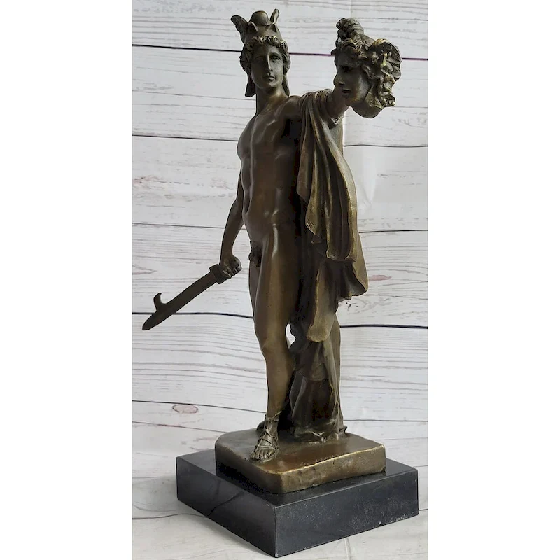 Greek Hero Perseus Holding The Head Of Medusa Bronze Sculpture Statue On Marble Base 15 Inches X 12 Inches