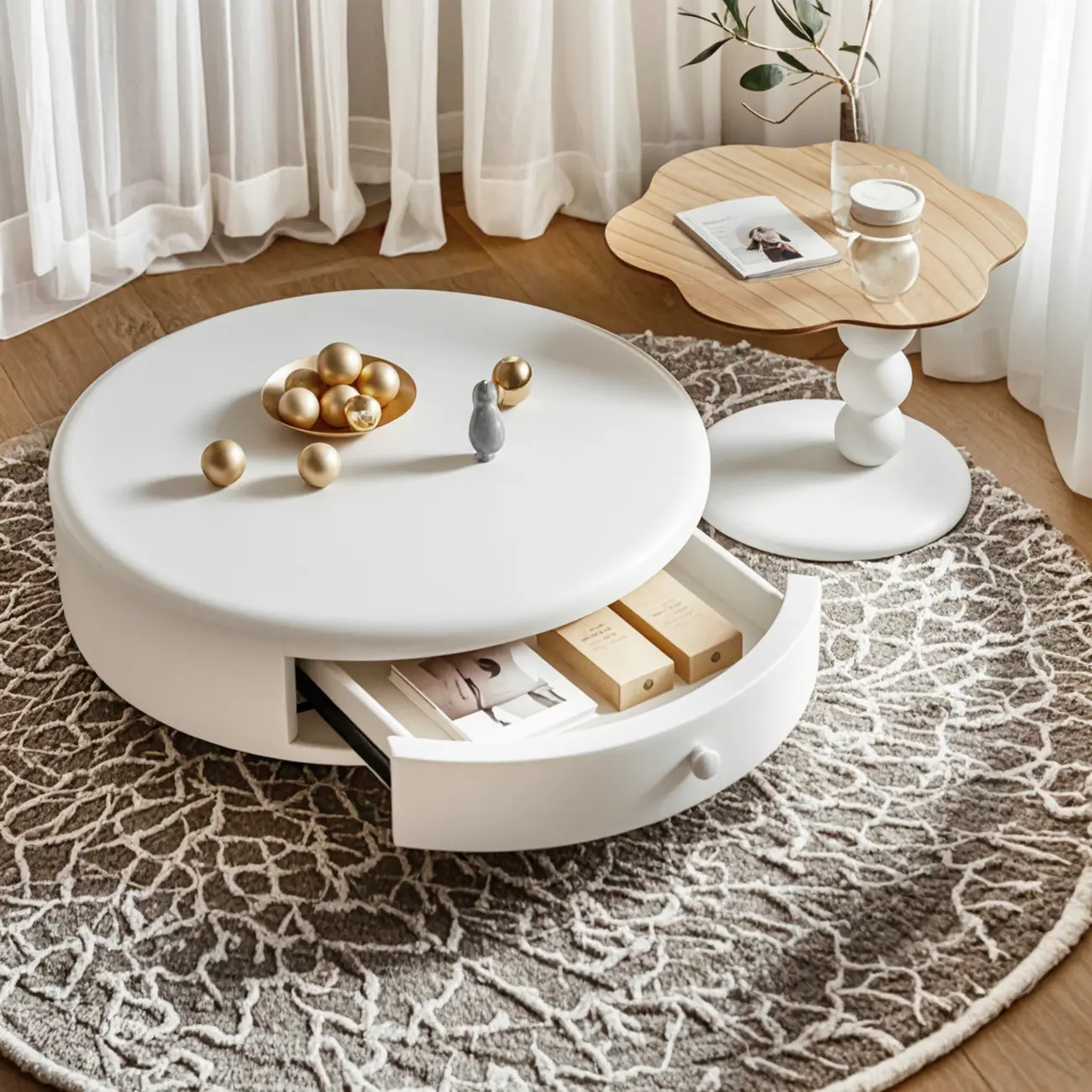 Modern White Round Wood Coffee Table with Drawer
