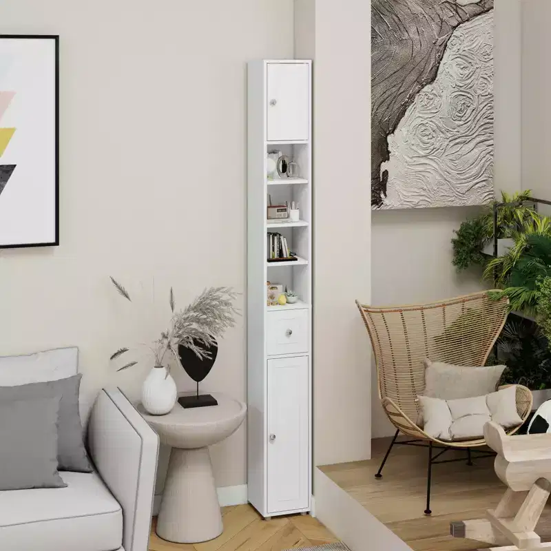 MAYEERTY 71 Tall Slim Bathroom Cabinet Freestanding 1 Drawer 2 Doors 4 Adjustable Shelves White