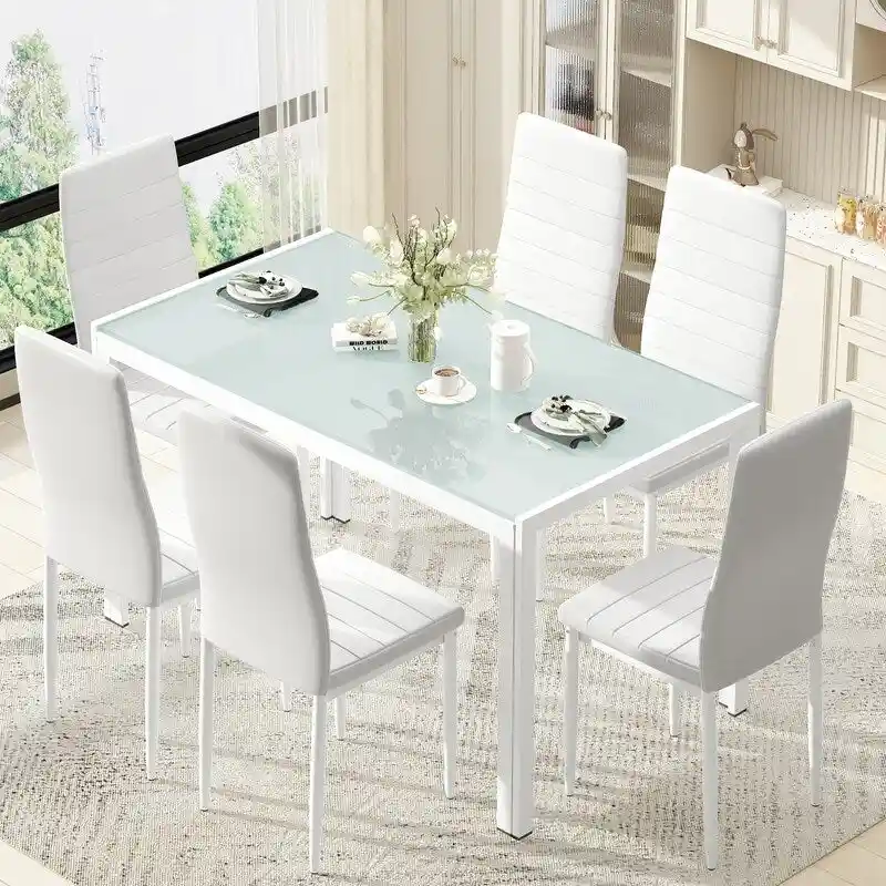 Grondin Modern Style 7-Piece Dining Room Table Set with Tempered Glass Tabletop and 6 PU Leather Upholstered Chairs