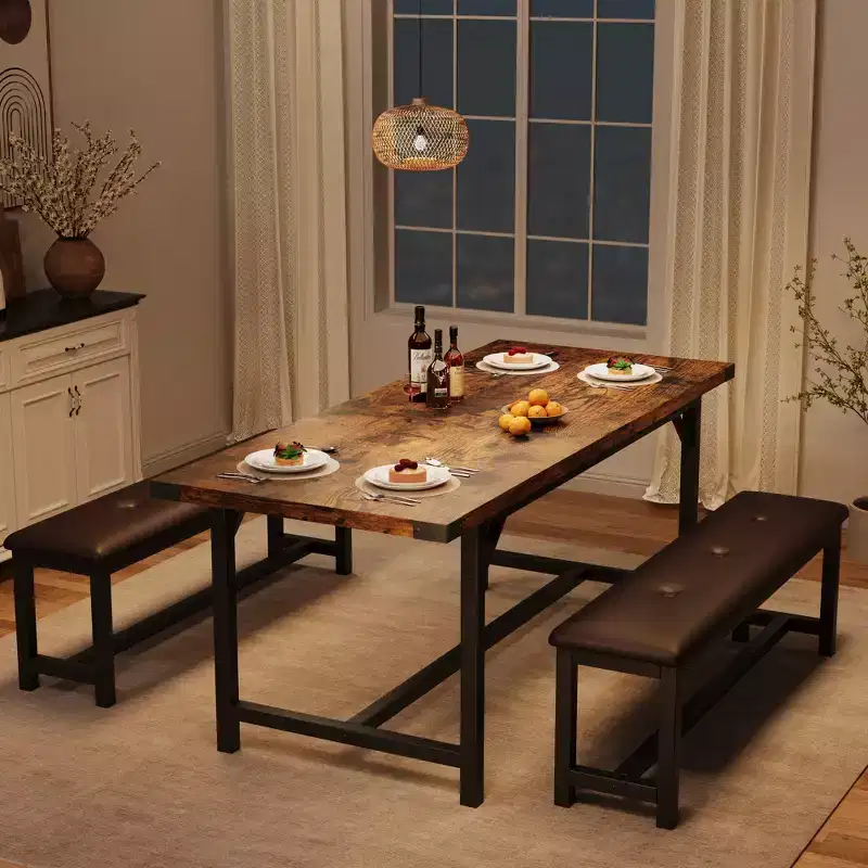Brown Farmhouse Dining Table Set  4-6 Seater Drop Leaf Table with 2 Upholstered Benches, Sturdy for Dining Room, Kitchen & Apartment