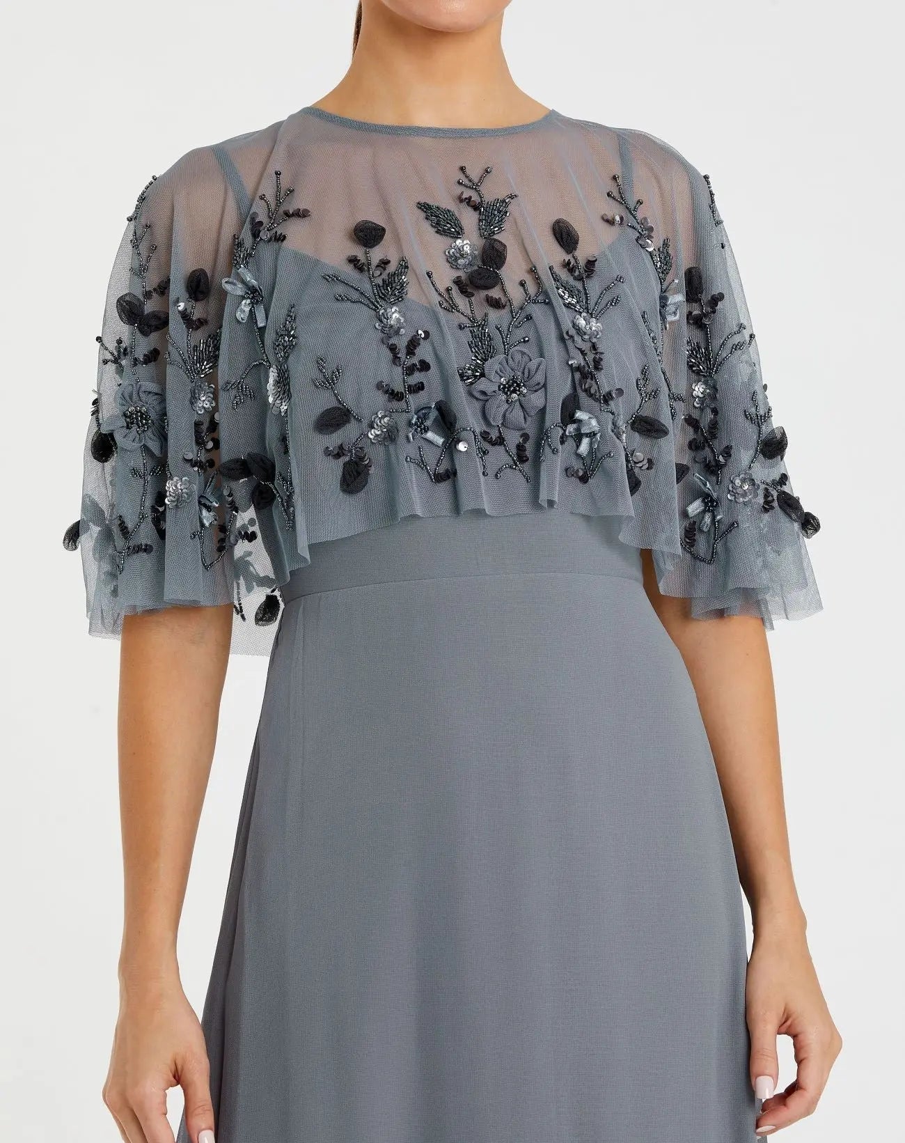 Gray Sleeveless Gown With Embellished Cape