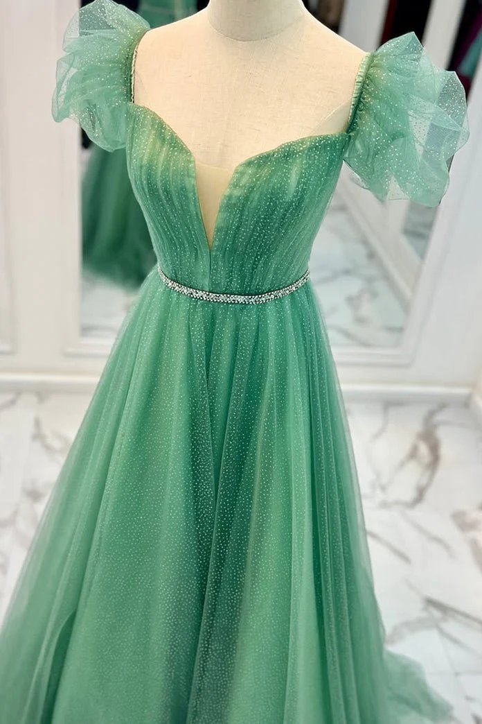 Sea Glass Tulle A-line V Neckline Off-Shoulder Long Prom Dress
