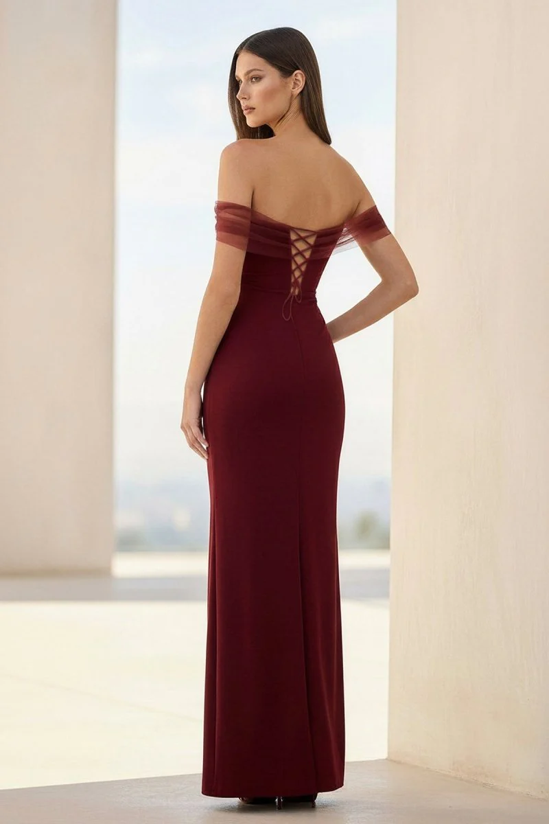 Burgundy - Off The Shoulder Mermaid Satin Long Formal Prom Dresses