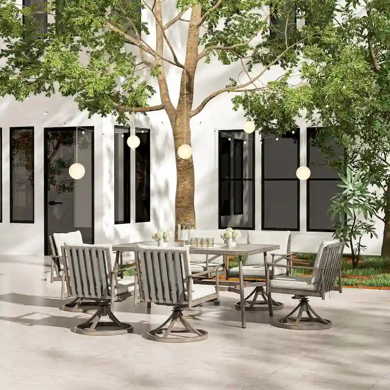 SleekLine 7-Piece Aluminum Patio Dining Set with Webbing Chair Back and Removable Cushions