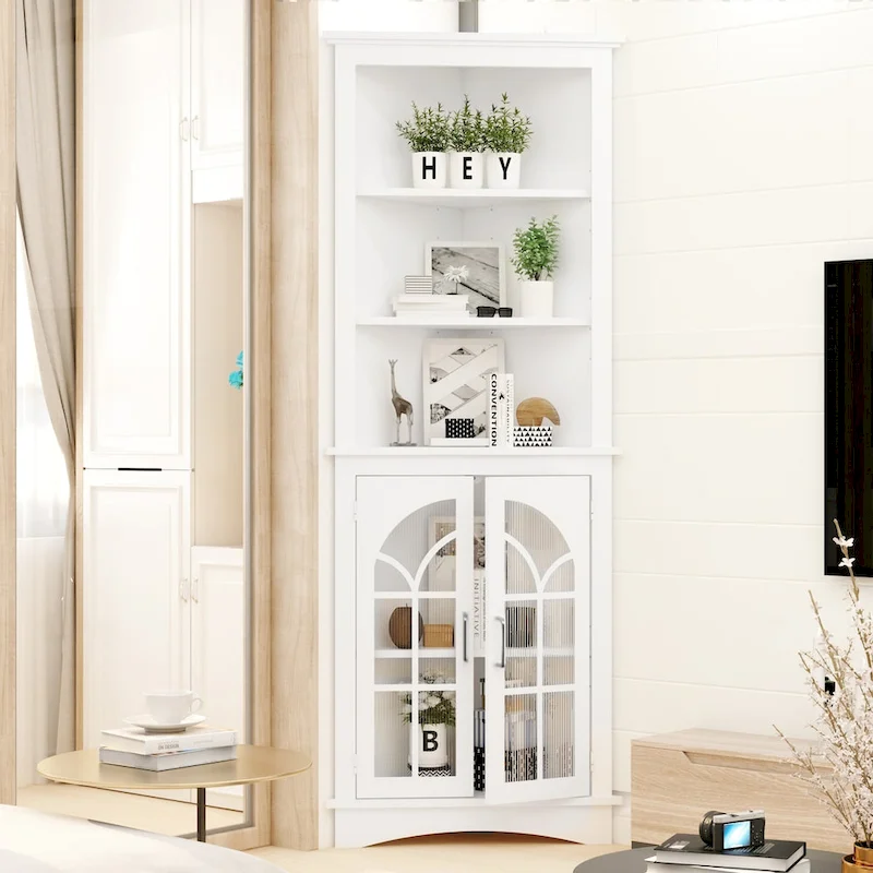 White 5-Tier Corner Storage Cabinet with Doors & Adjustable Shelves, 1–2 Person Assembly