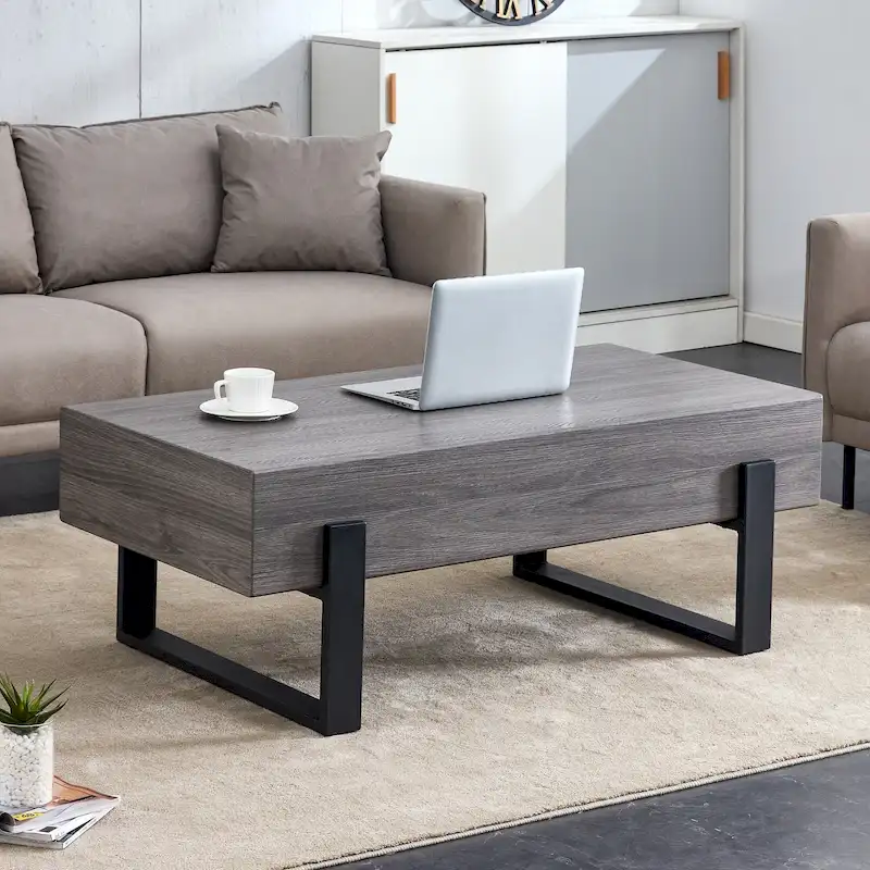 Rustic Gray Wood Grain MDF Coffee Table | Black Metal Legs, Living Room