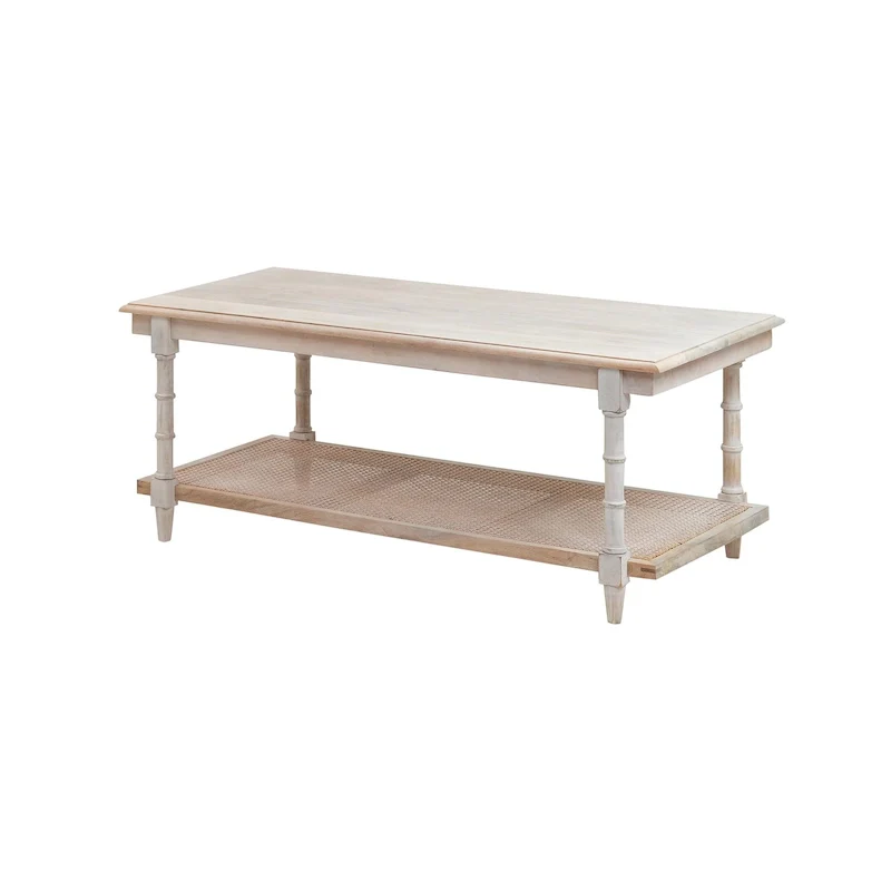 Chesterfield Wood & Cane Coffee Table — Whitewash Mango Wood with Turned Legs