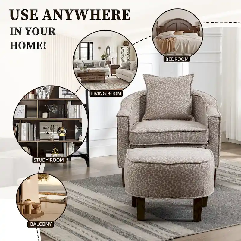 Linen/Polyester Upholstered Mid Century Barrel Chair with Ottoman