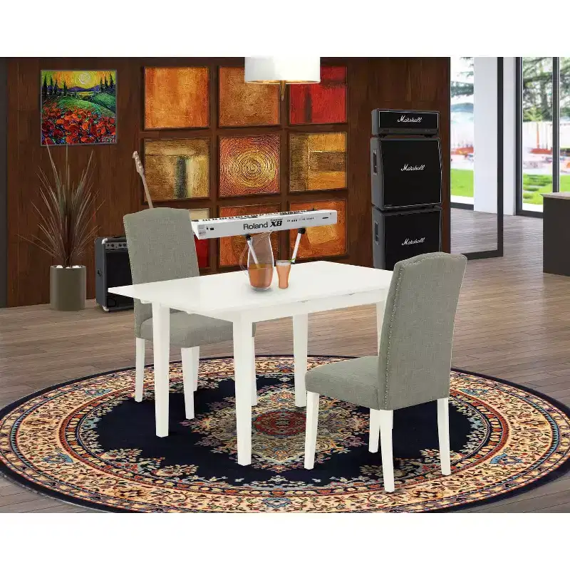 HomeStock 3-Piece Linen White Finish Rectangular Solid Wood Top With Butterfly Leaf Dining Table Set