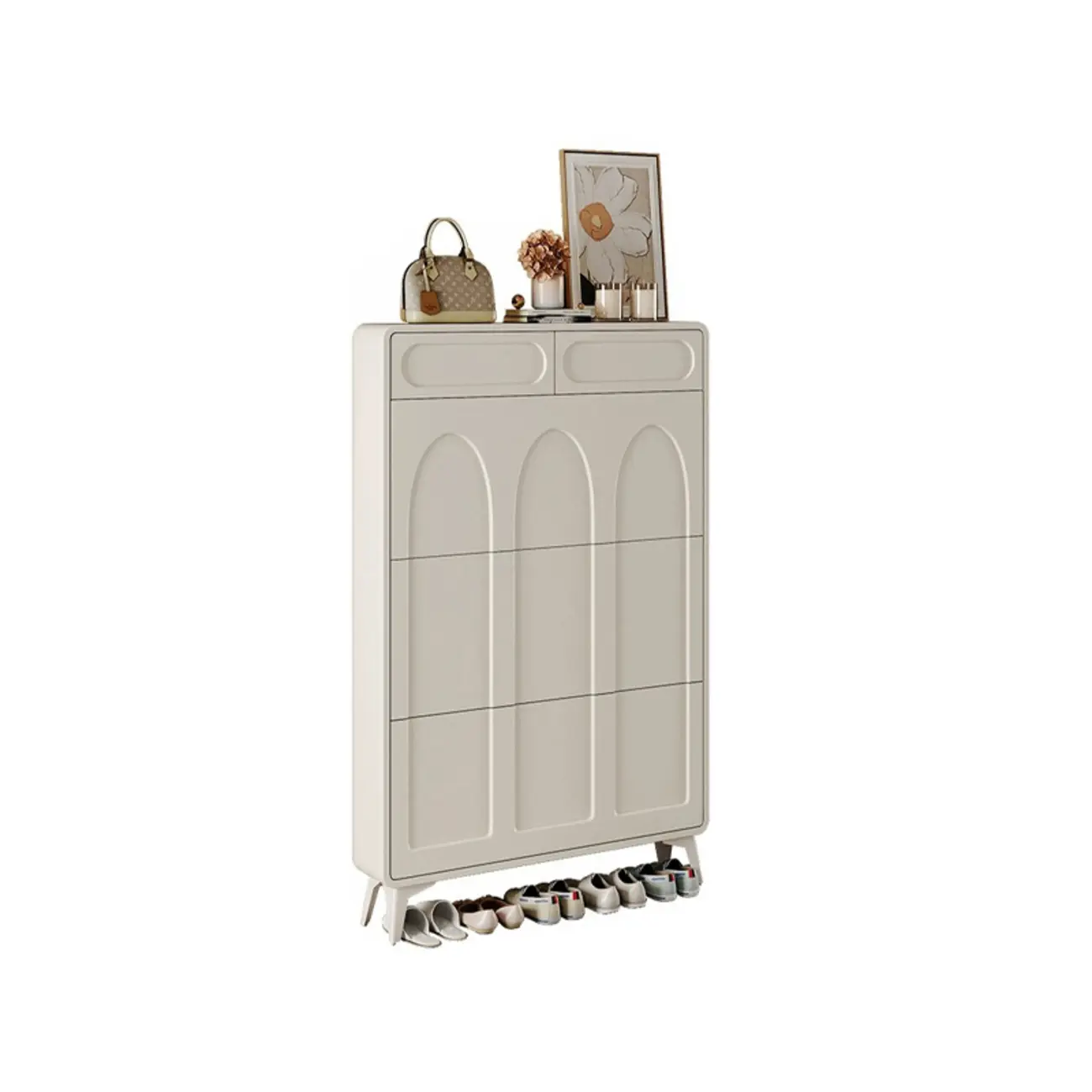 Vertical Slim White Wooden Drop Front Shoe Cabinet