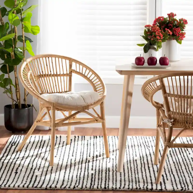 Natural Brown Rattan Dining Chair with Cushion