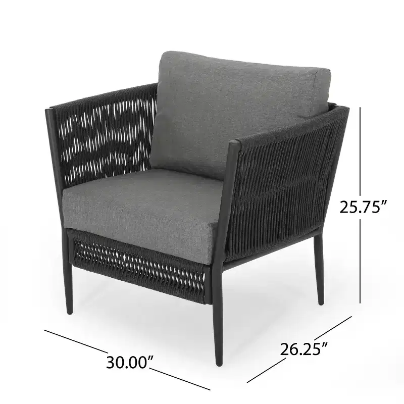GDFStudio Sefora Outdoor Aluminum and Rope Club Chairs with Cushions (Set of 2), Black/Gray