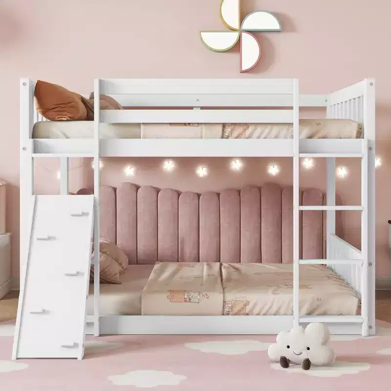 Floor Bunk Bed Twin Over Twin with Climbing Ramp for Kids, Wooden Bunk Bed Frame with Ladder and Guardrails, White