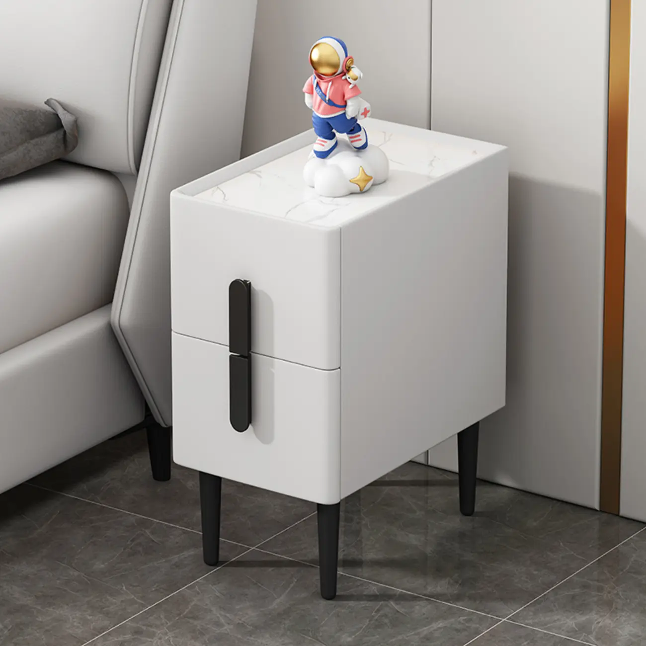 Trendy Gray Bedside 2-Drawer Nightstand with Stone Top