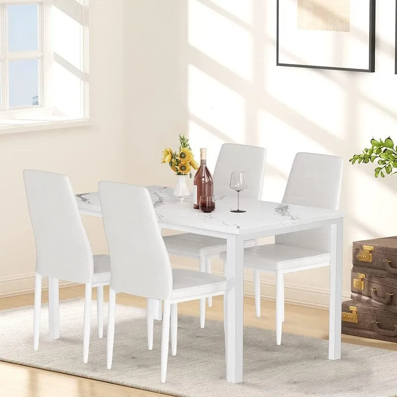 Modern 5-Piece Kitchen Dining Set, Counter Height Dinette Set with Marble Look Top and 4 Upholstered PU Leather Chairs