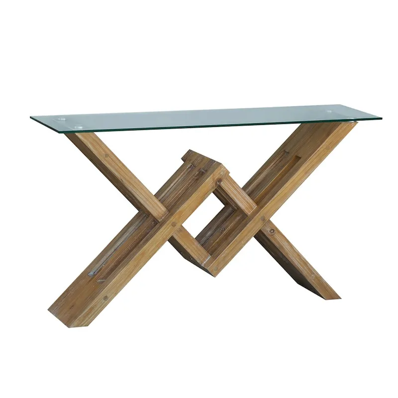 Burnished Acacia Wood Console Table with Glass Top - 58x16x34