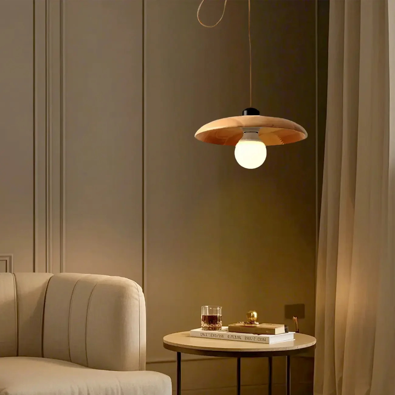 Modern Flexible Round Pendant Light in Solid Wood and Metal