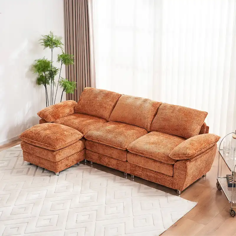 Modern Deep 3-Seat Sofa Couch with Ottoman