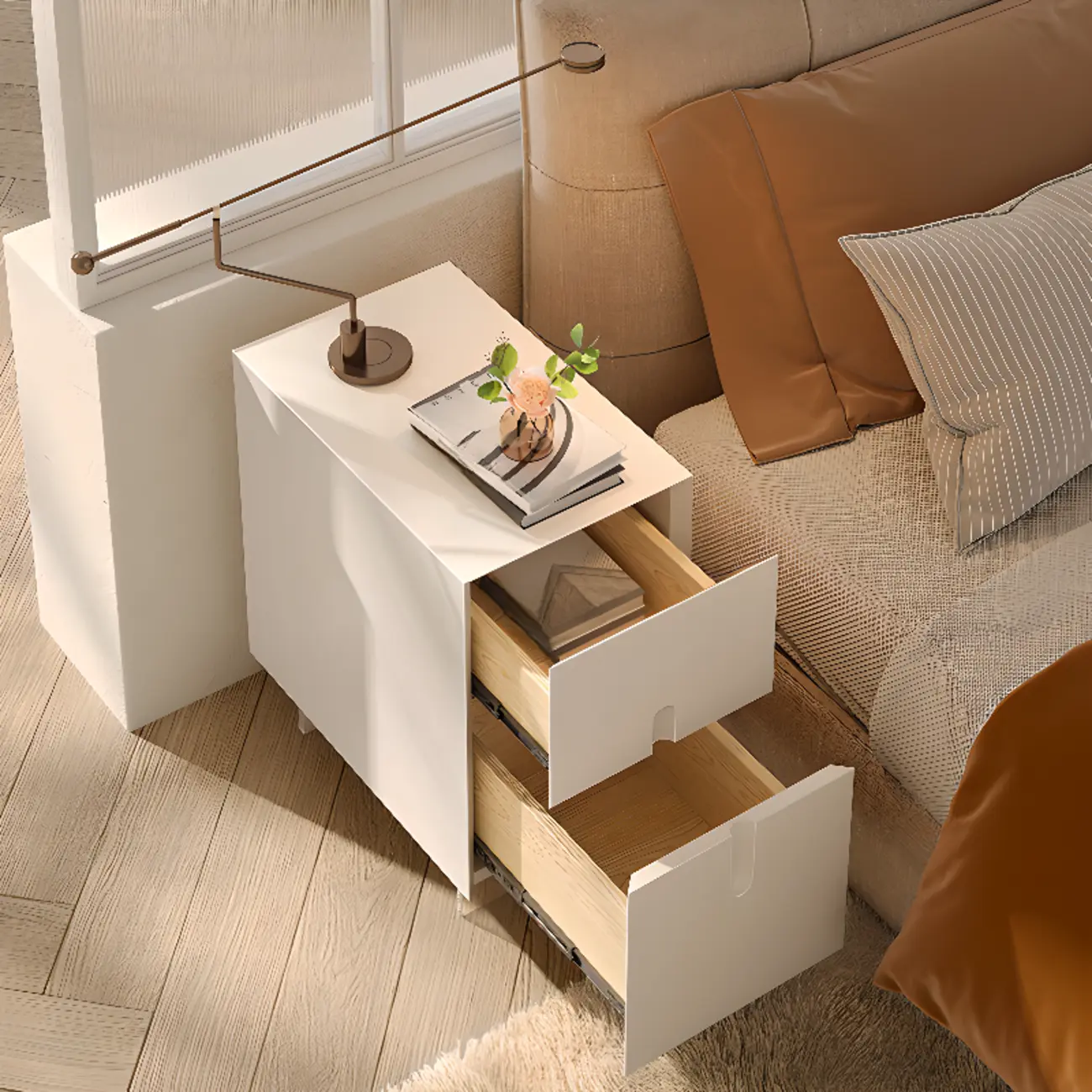 Modern White Wood Clear Base 2-Drawer Nightstand