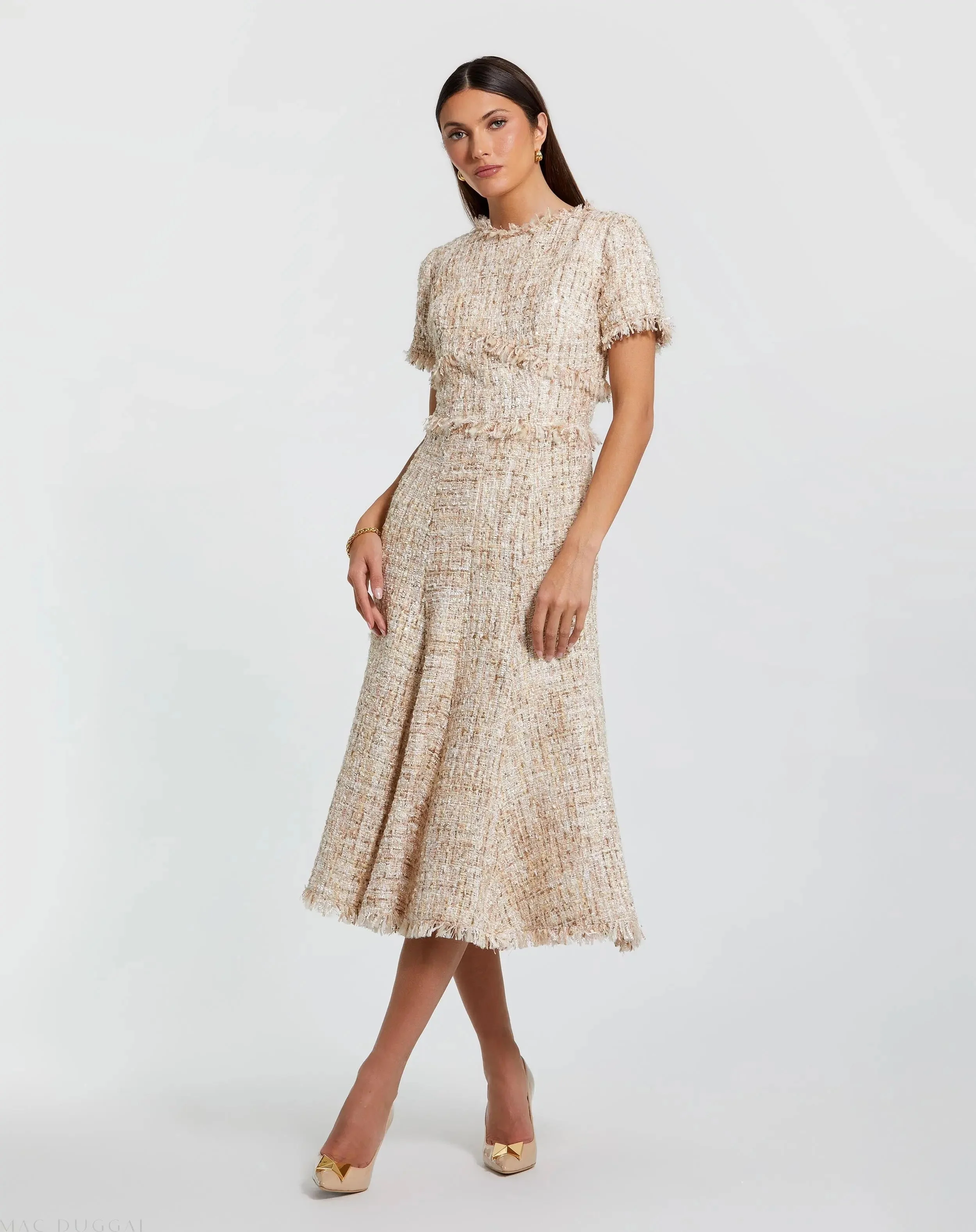 Beige Boucle Short Sleeve A Line Midi Dress