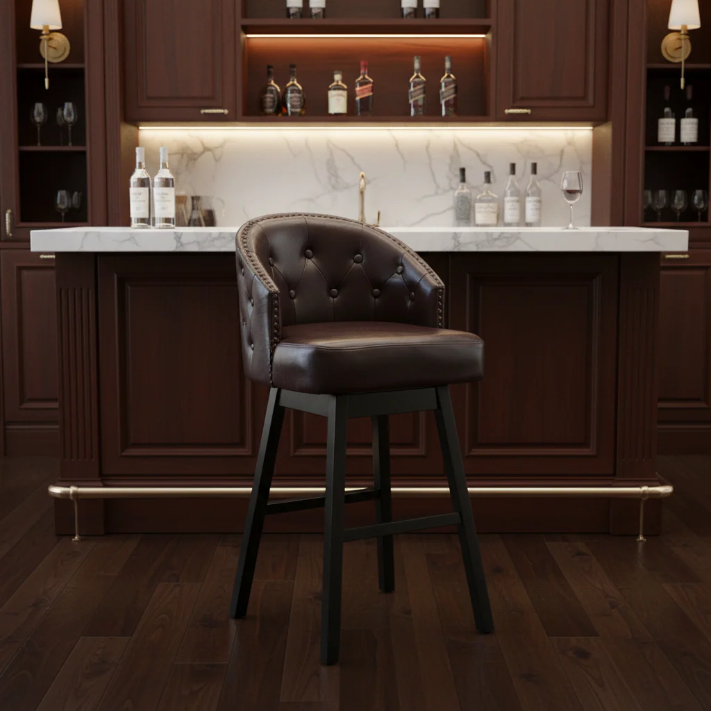 Brown + Walnut Tufted Swivel Bar Stools, Set of 2