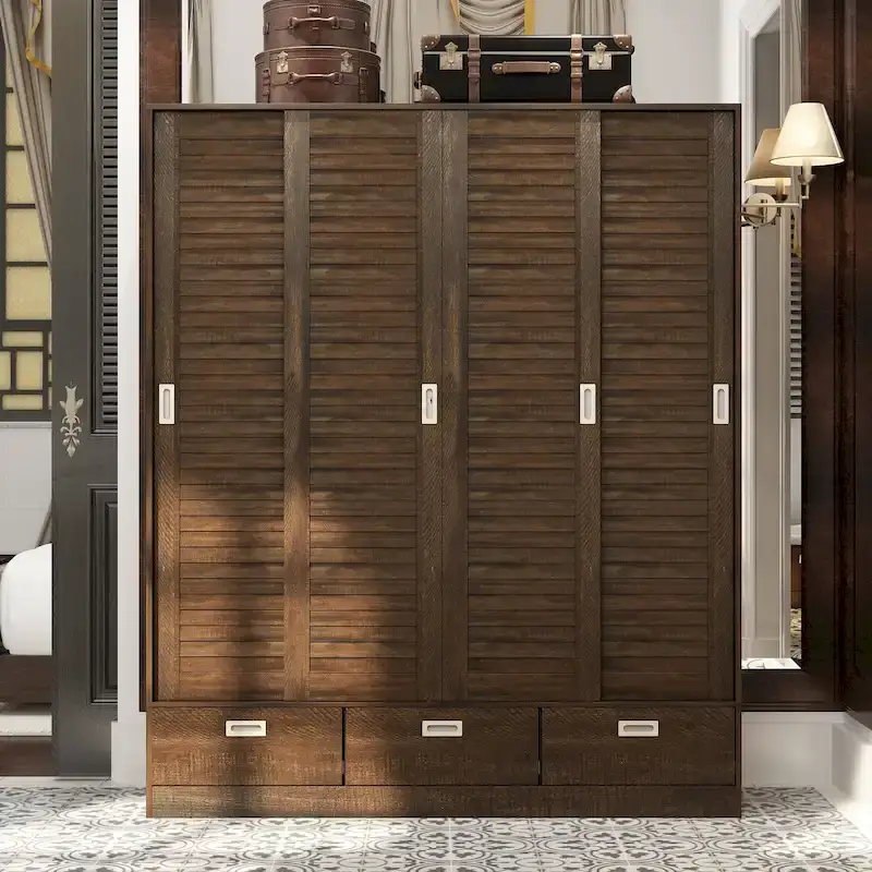 Brown Wood Grain Wardrobe with 4 Sliding Doors, 3 Drawers & Hanging Rod