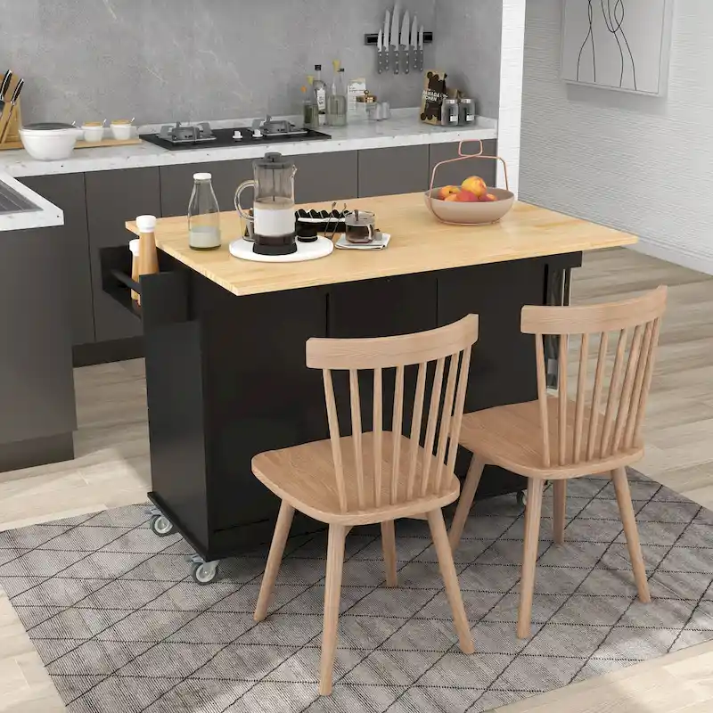 Black Rolling Kitchen Island Cart with Solid Wood Top, Drop-Leaf Breakfast Bar, 3 Drawers, Spice Rack & 2 Locking Wheels, 2-Person Assembly