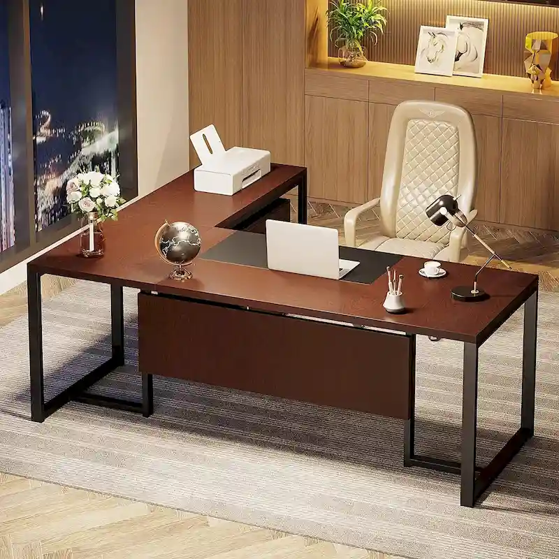 70.8 Inch Executive Desk with File Cabinet Large L Shaped Office Executive Desk Computer Desk