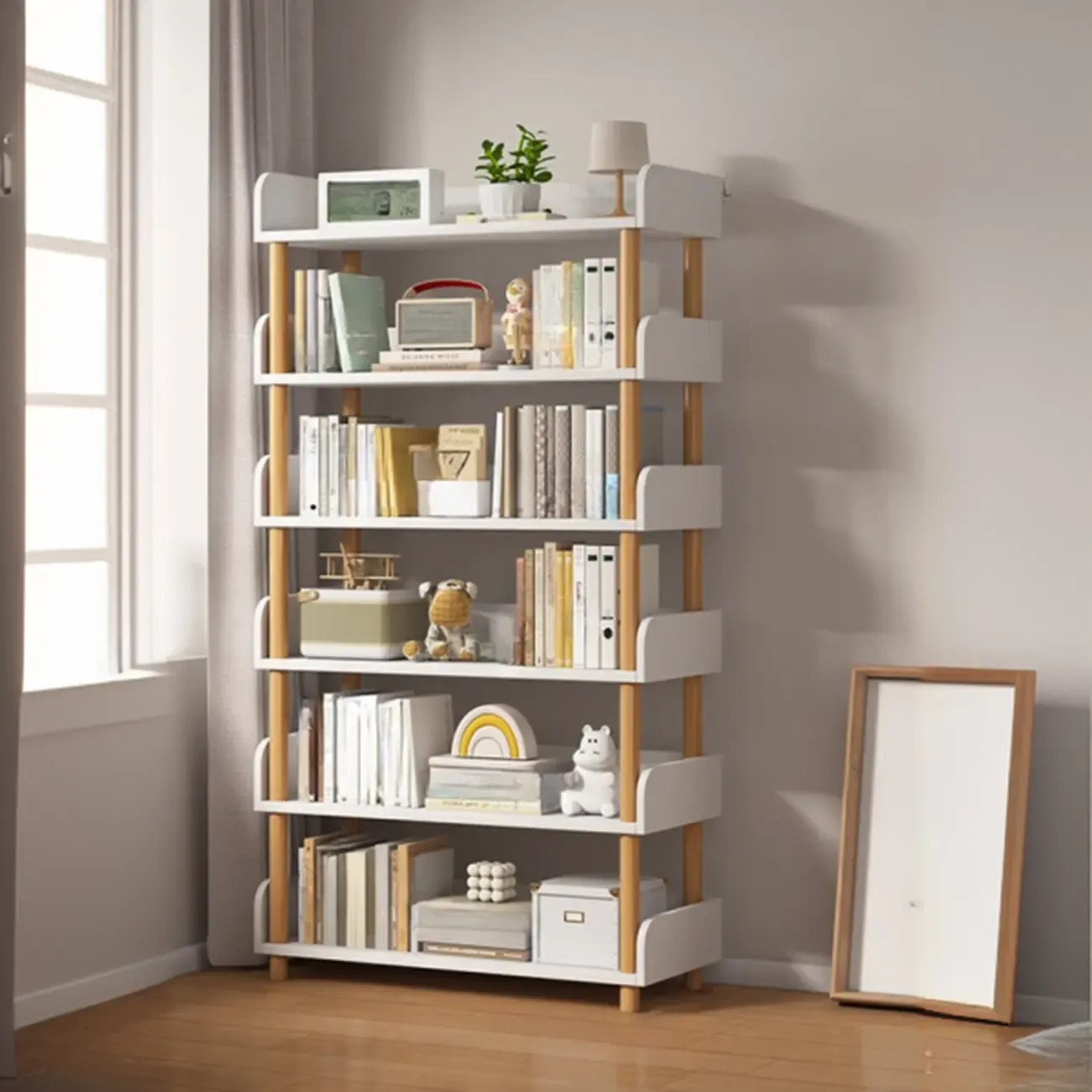 Vertical Natural Multi-Shelf Open Back Wood Bookcase