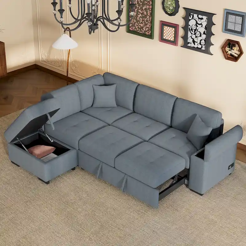 Dark Gray / Gray / Black Velvet L-Shaped 5-Seat Sleeper Sectional Sofa