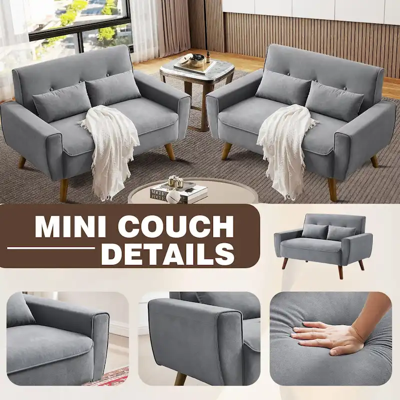 48.82 Small Tufted Loveseat Sofa 2 Set with Tapered Wood Legs