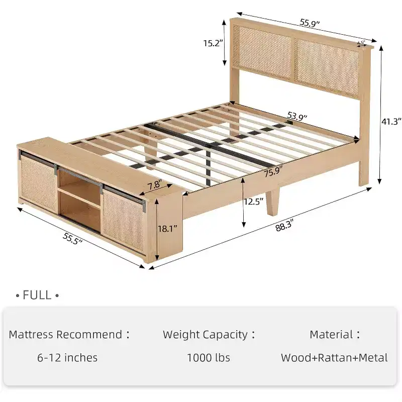 Natural Rattan Full Size Bed Frame with Sliding Barn Door Storage Cabinets and LED Light Headboard