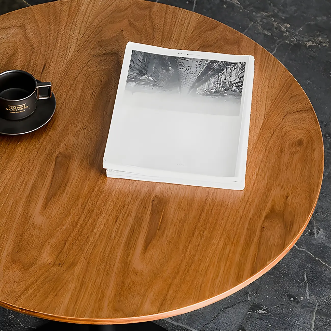 Modern Brown Wood Grain Black Metallic Pedestal Bar Tables